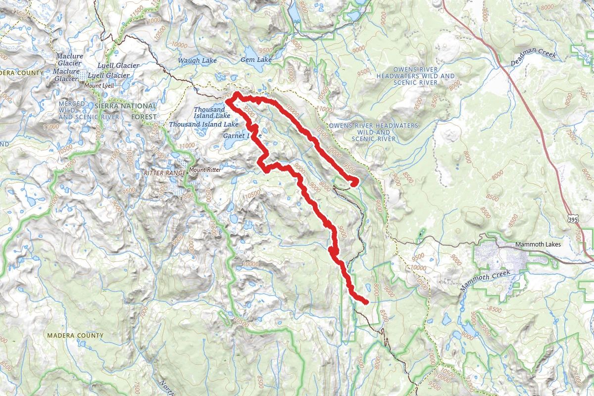 Agnew Meadow, Red's Meadow, Badger Lakes, Garnet Lake, Rosalie Lake, and Johnston Lake