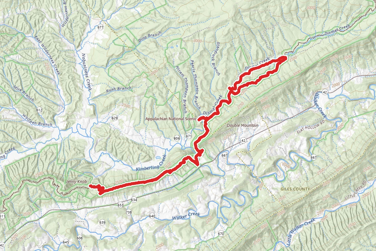 Lions Den Road to Dismal Falls and Price Ridge Road via Appalachian Trail