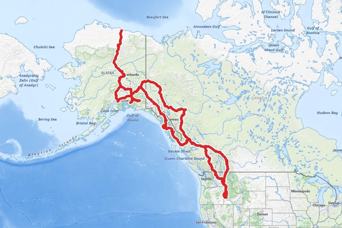 Boise, Idaho to Beaufort Sea, Alaska OHV Trip route map