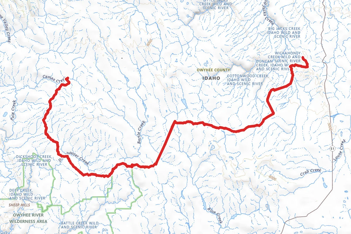 Lower Battle Creek, Dickshooter, and Camas Creek OHV Trail route map