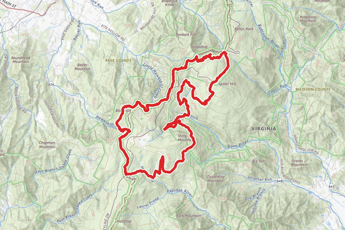Appalachian Trail, Hawksbill, Horseshoe Trail, and Rose River Loop route map