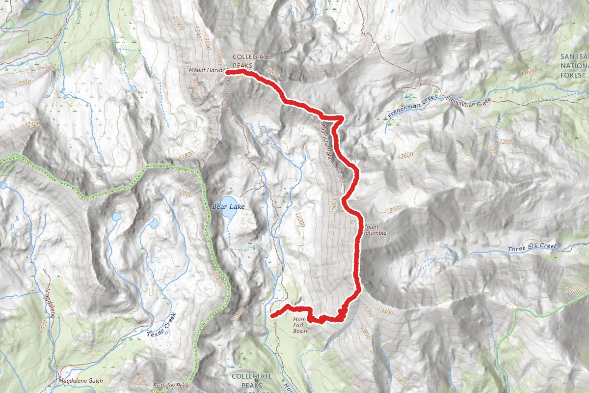 Mount Harvard: Mt. Harvard/Columbia Traverse route map