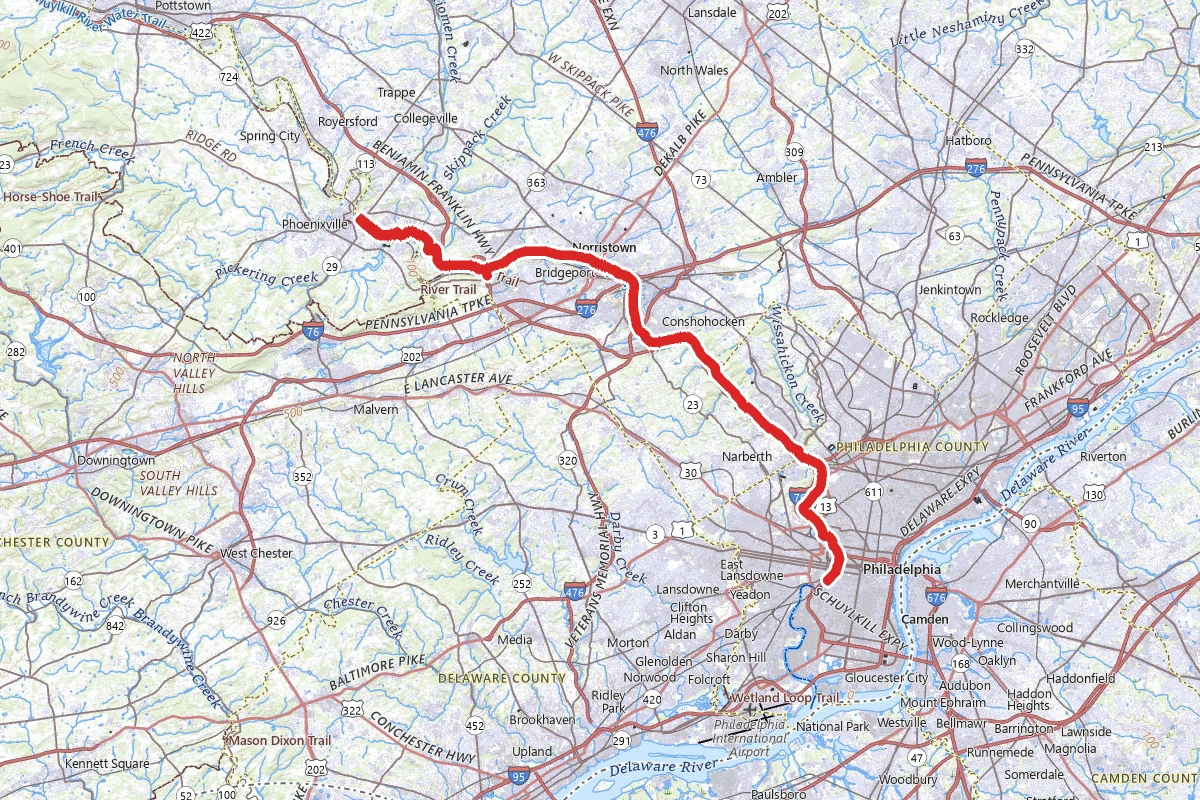 Schuylkill River Trail - Philadelphia to Mont Clare/Phoenixville route map