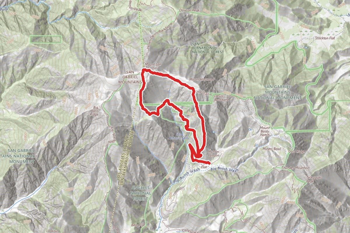 Mt Baldy and San Antonio Falls via Falls Road, Register Ridge and Devil's Backbone Trail